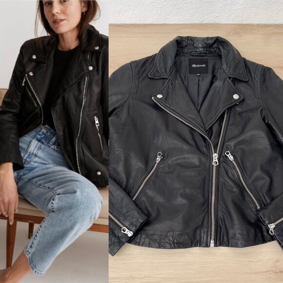 Madewell Classic Washed Black Leather Moto Jacket / Silver Hardware Large - Picture 1 of 15